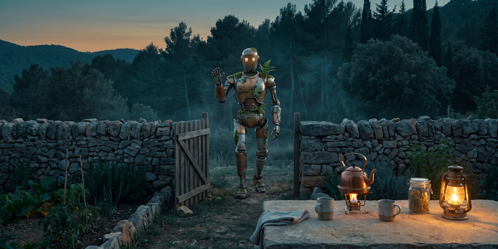 At dusk, a gentle robot patched with moss and built from mismatched salvaged parts steps out of a misty forest through an open gate in a dry-stone wall, one hand raised in greeting, toward a flat stone where tea is set for two — a copper kettle over a small flame, two cups, and a lantern.