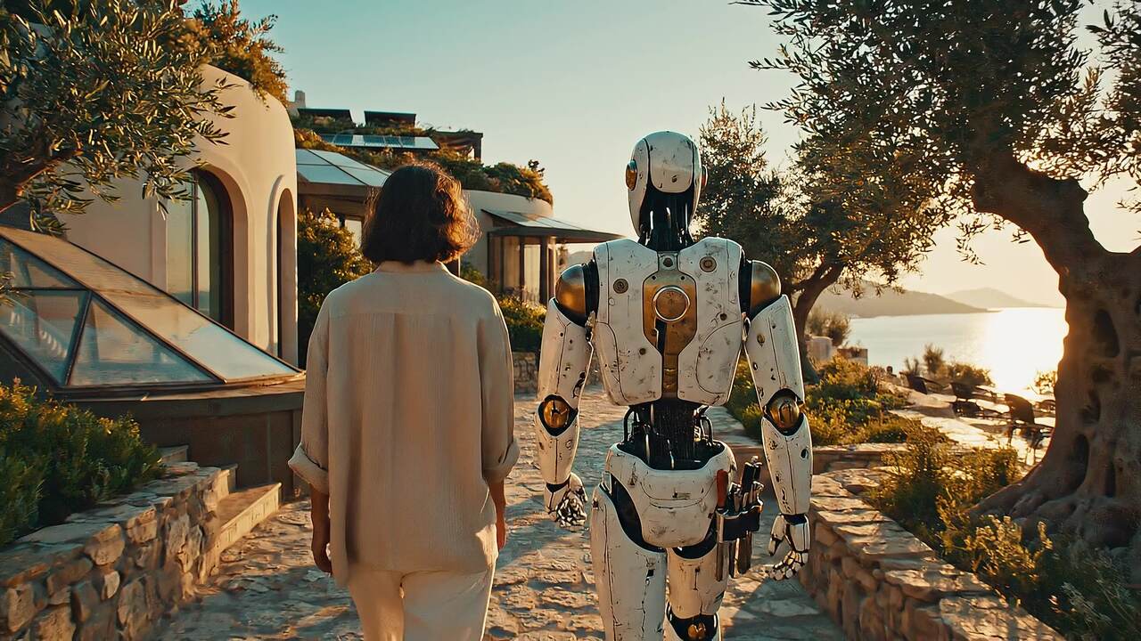 A person walking home beside their humanoid robot, tools at its side, down a path through a solarpunk Greek town toward the golden Aegean at sunset.